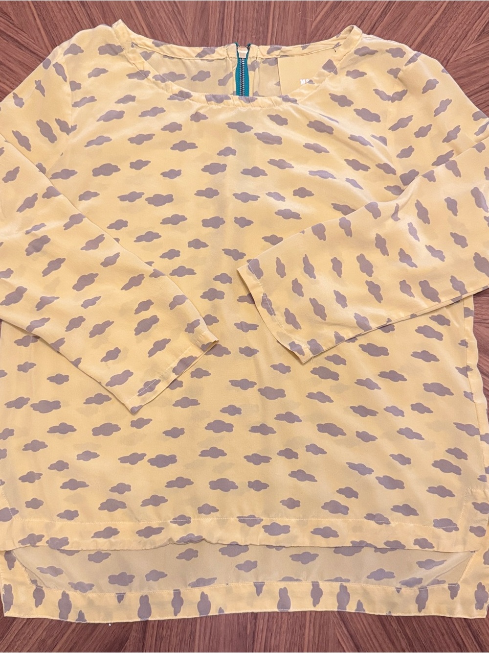 Maeve Yellow Blouse with Gray Cloud Print and Green Contrasting Zipper
